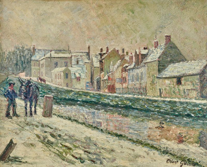 Le village de Moret-sur-Loing sous la neige by Albert Gleizes, oil painting depicting a snowy village landscape.