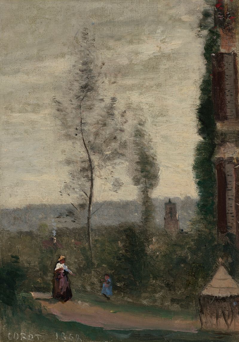 Coulommiers, le jardin de M. Preschez by Jean-Baptiste-Camille Corot, oil on canvas depicting a serene garden.