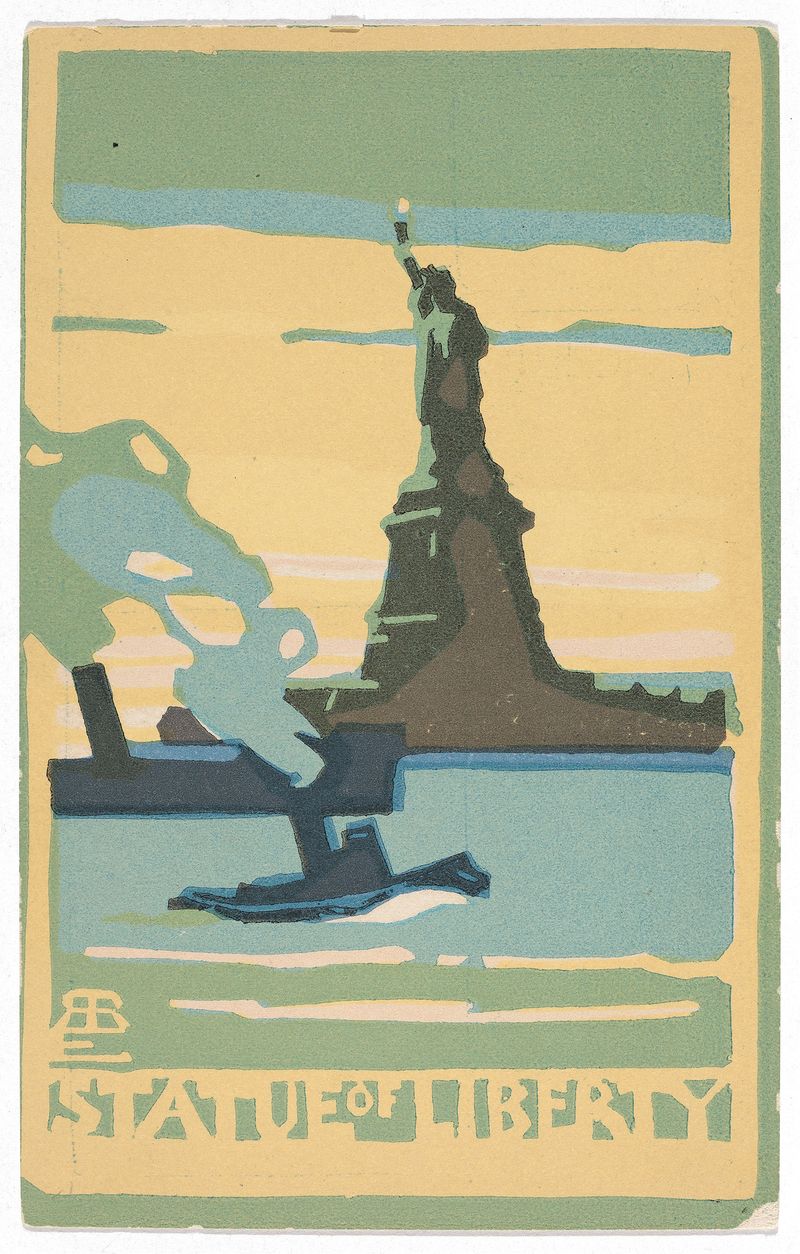 Bronze sculpture by Rachael Robinson Elmer of the Statue of Liberty holding a torch against the sky