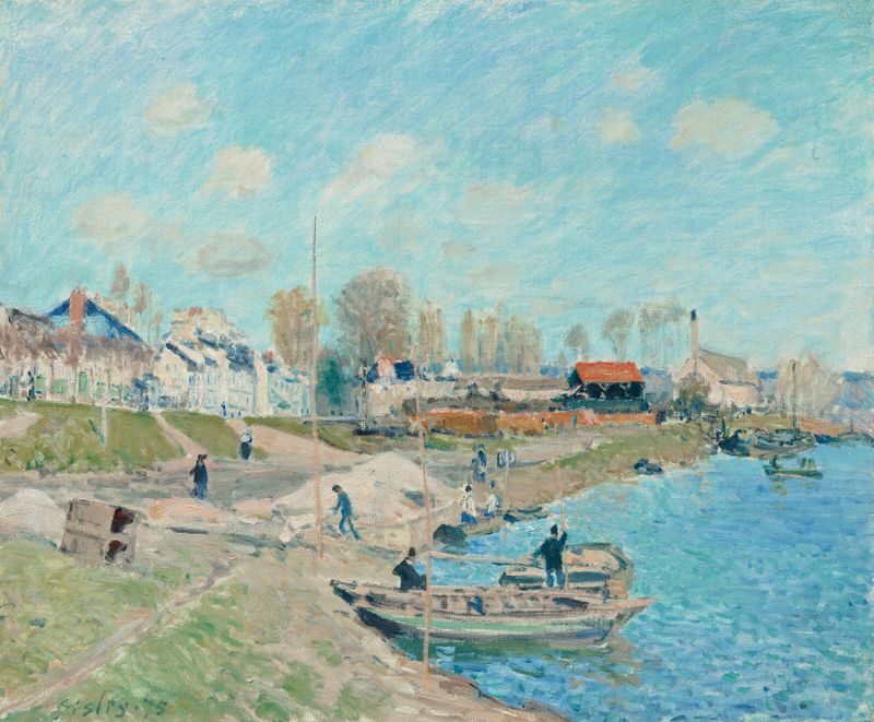 Paisaje de una escena de ribera por Alfred Sisley, pintura al óleo