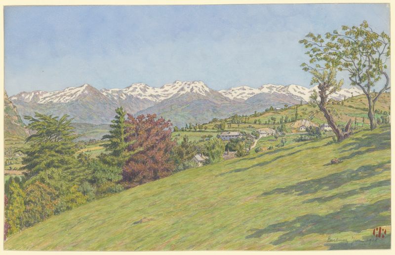 Litografía de Henri Rivière que representa un paisaje con colinas en verde y dorado.