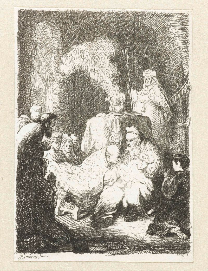 Gravura religiosa de Arnold Thery retratando um ritual de circuncisão com figuras intrincadas.