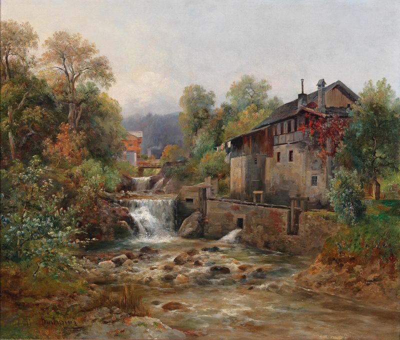 Pintura a óleo impressionista de Emil Barbarini retratando um riacho sereno na natureza
