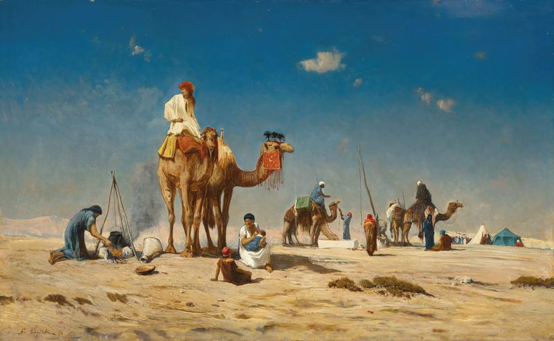Travellers in the Desert by Victor Huguet, oil painting of a figure in a desert landscape.