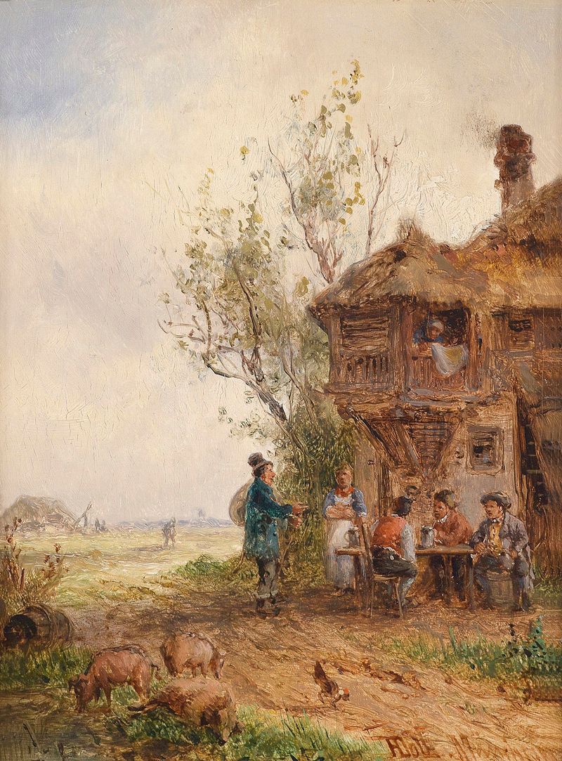 Genre scene depicting a solitary figure at a tavern by Anton Doll, oil painting