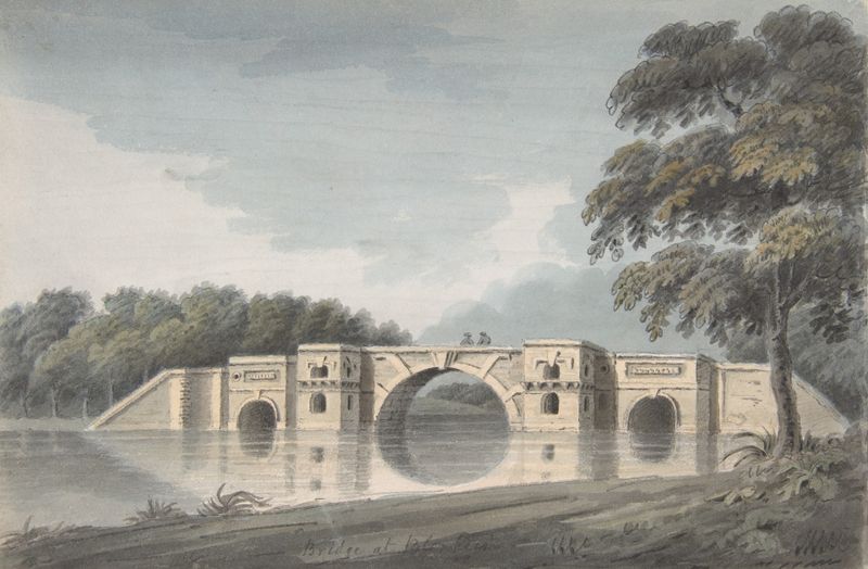 Bridge at Blenheim Palace de Hubert Cornish, óleo sobre lienzo, con un paisaje exuberante y un puente arqueado.