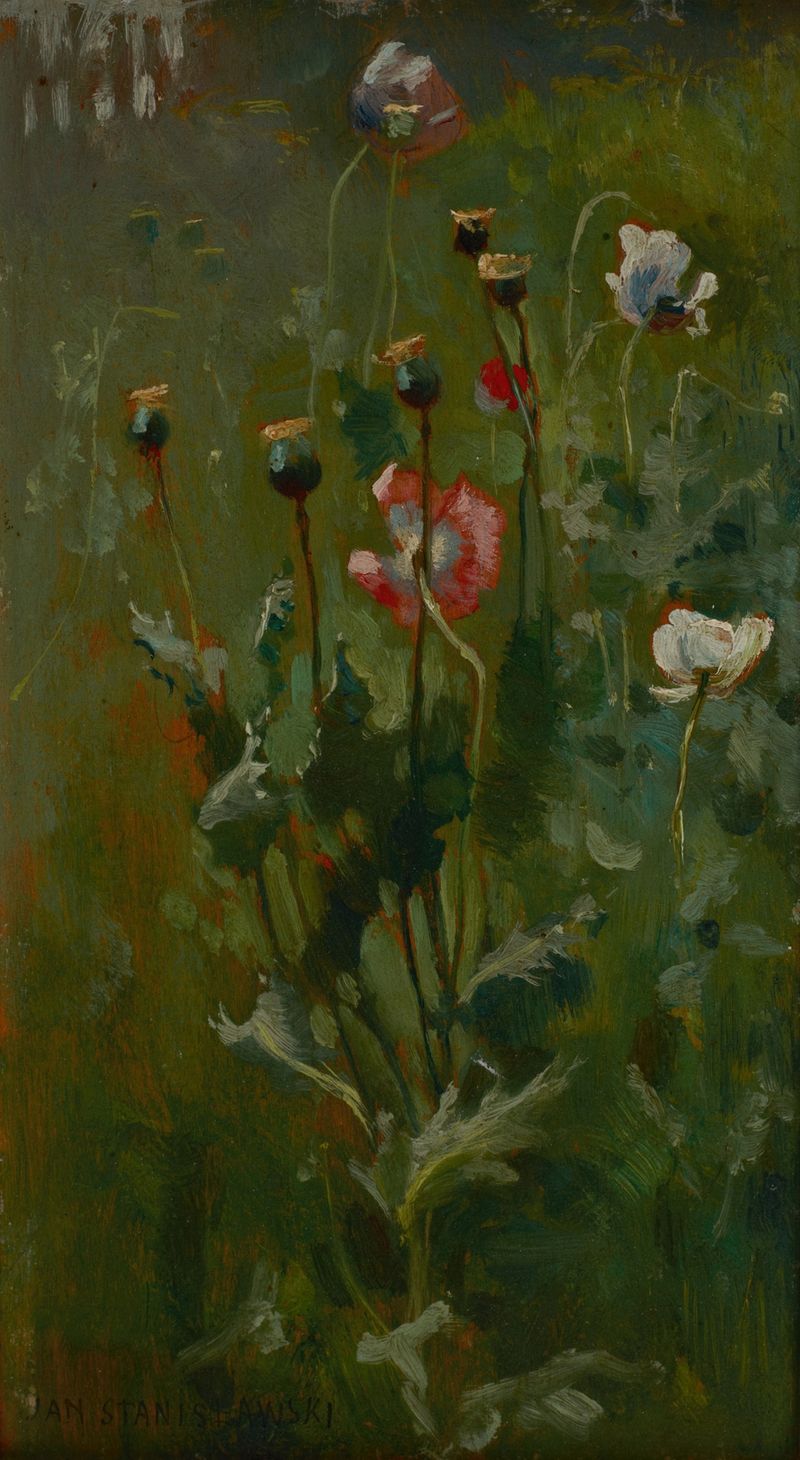 Poppies in Bloom de Jan Stanisławski, pintura al óleo con flores rojas vibrantes.