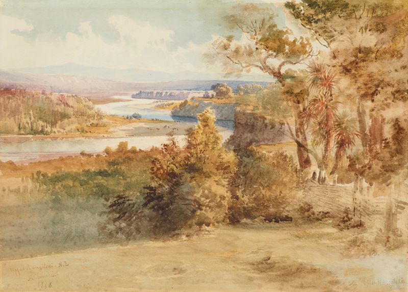 Upper Rangitikei by Nicholas Chevalier, oil on canvas depicting a serene landscape with clouds and light.