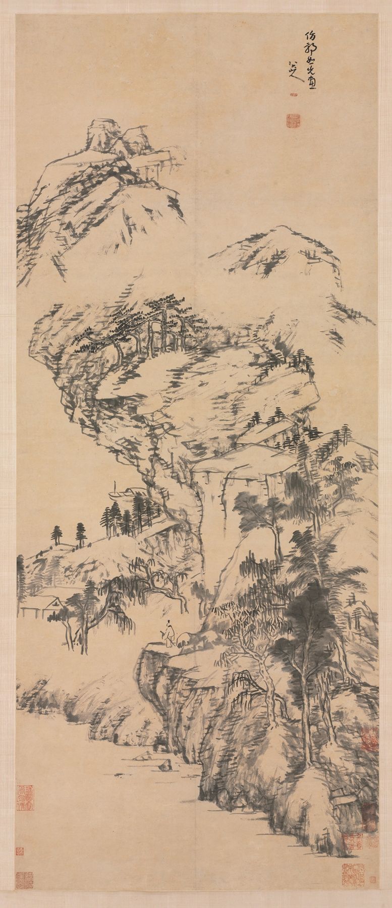 Landscape after Guo Zhongshu de Bada Shanren, tinta sobre papel que muestra una costa brumosa y un camino serpenteante.