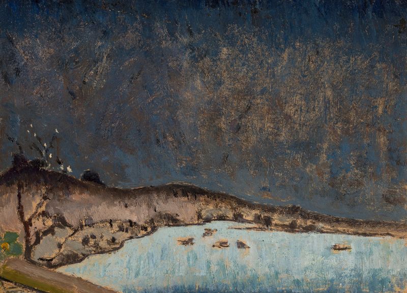 Paisaje con nubes de Tadeusz Makowski, pintura al óleo que muestra un cielo sereno.