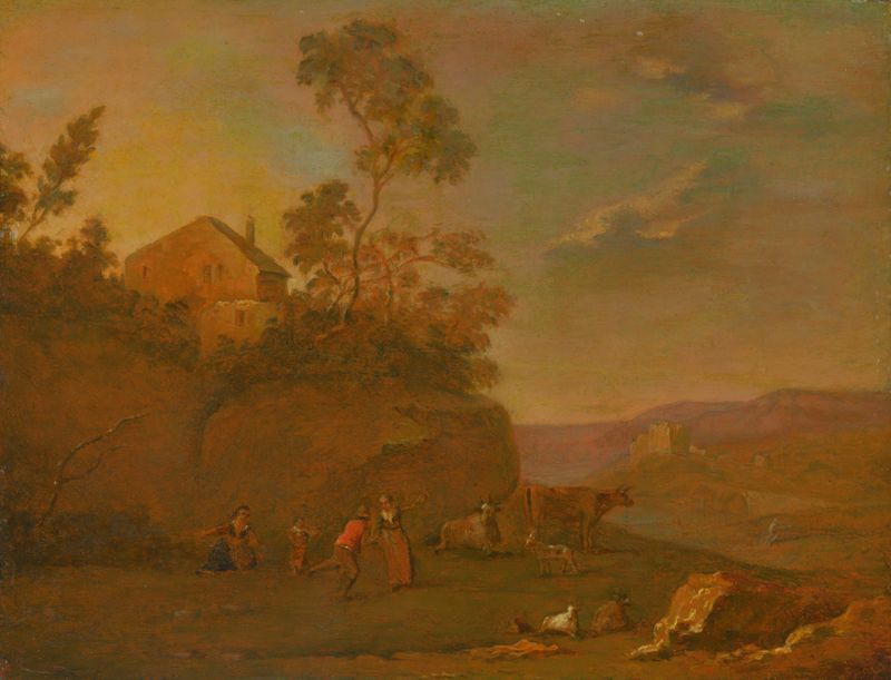 Early Evening de Norbert Joseph Carl Grund, óleo sobre tela que retrata uma figura sob uma árvore ao entardecer.