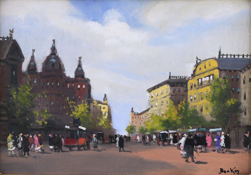 A City Street Scene de Antal Berkes, óleo sobre lienzo que representa una animada calle urbana con luz colorida.