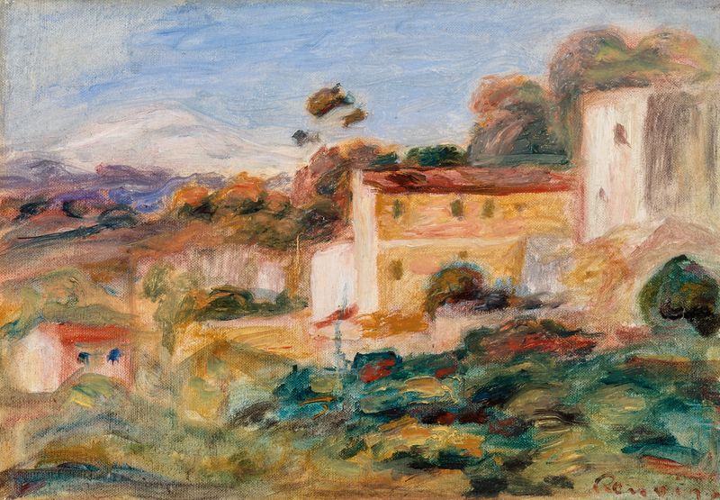Paisagem de Pierre-Auguste Renoir, óleo sobre tela representando colinas e vegetação sob um céu brilhante.