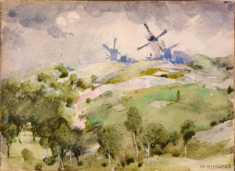 Watercolour of windmills and clouds by William Henry Holmes