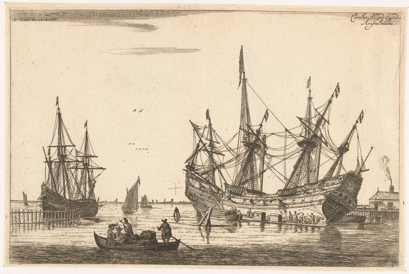 Gravura de Reinier Nooms mostrando um carpinteiro de navios trabalhando em um dique seco.