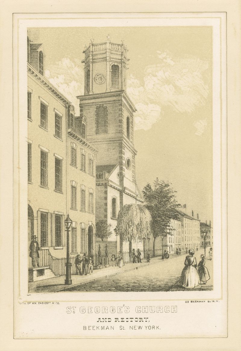 Grabado de la iglesia de San Jorge, Nueva York por W. Endicott & Co.