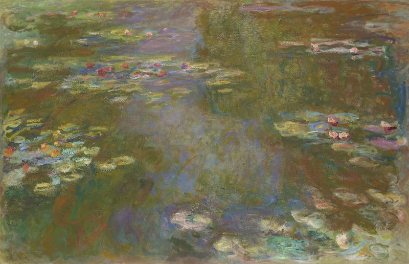 Water Lily Pond de Claude Monet, óleo sobre lienzo que representa lirios de agua y reflejos.