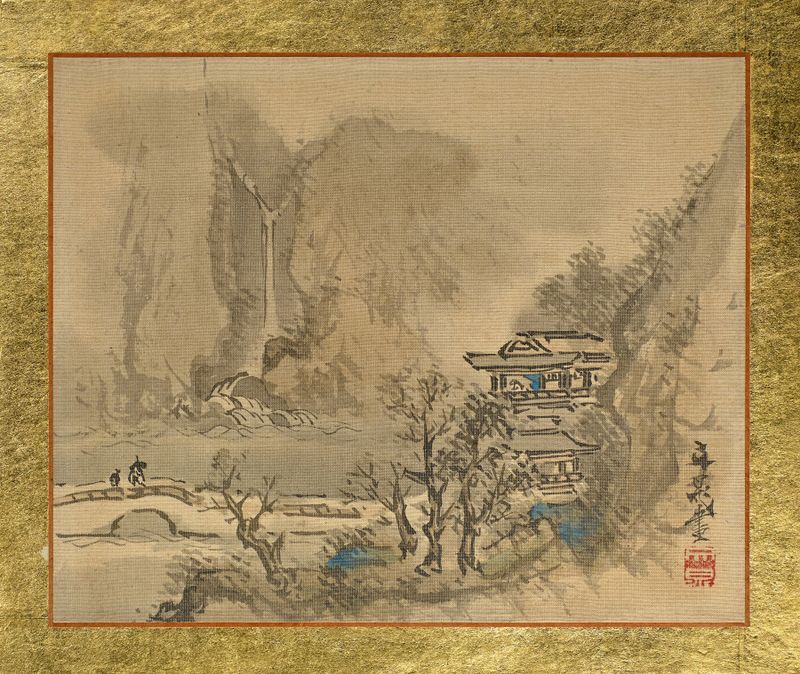 An Old Man and an Attendant heading to a two-story Mansion at the Shore, ink on paper by Tani Bunchō