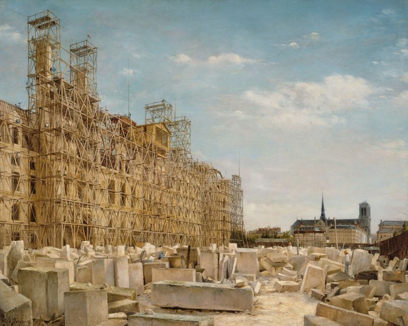 L’hôtel de Ville en Reconstruction, oil on canvas by Paul-Joseph-Victor Dargaud, depicting a city hall under construction.