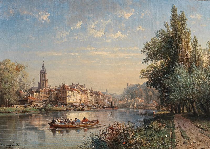 A Village by the River, oil on canvas by Charles Euphrasie Kuwasseg, depicting a riverside village.