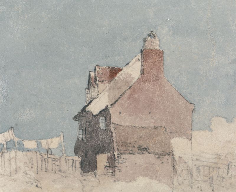 Cottage at Northfleet, Kent de David Cox, pintura a óleo de uma paisagem rural com colinas e luz dourada
