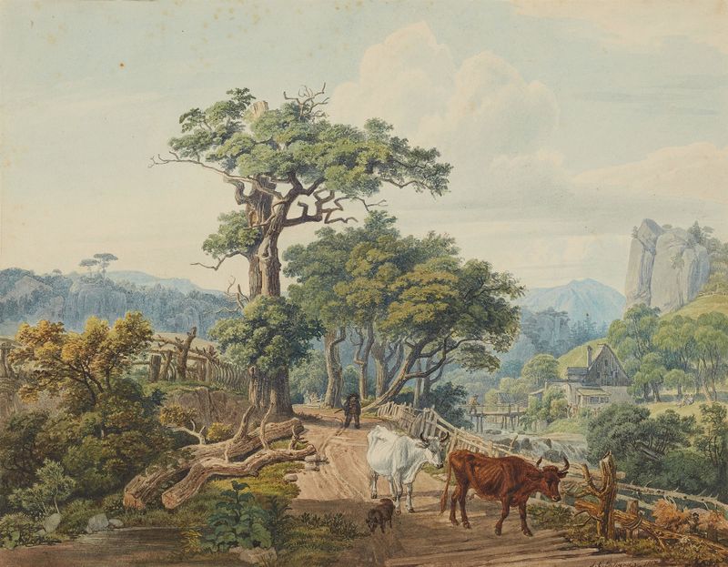 Hirte in bergiger Landschaft by Johann Christoph Erhard, oil painting depicting a shepherd in a mountainous landscape.