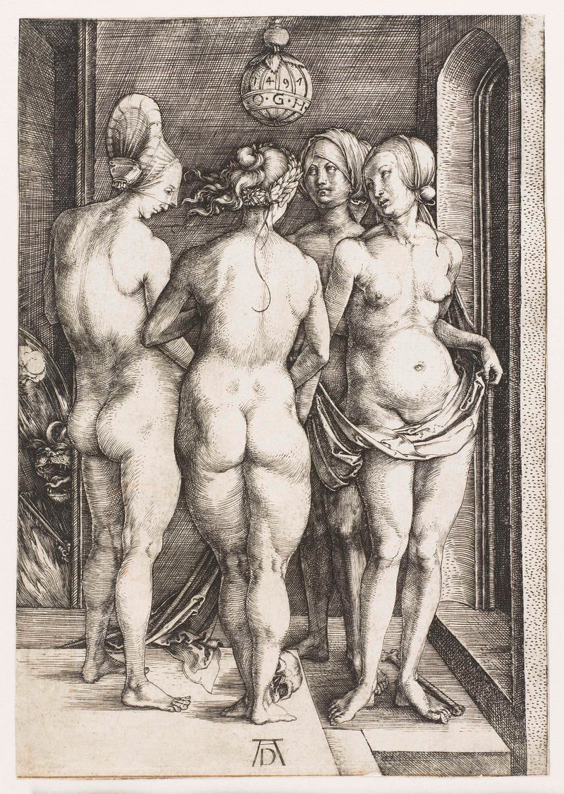 Grabado de Albrecht Dürer que representa brujas con manos retorcidas y cuerpos torcidos
