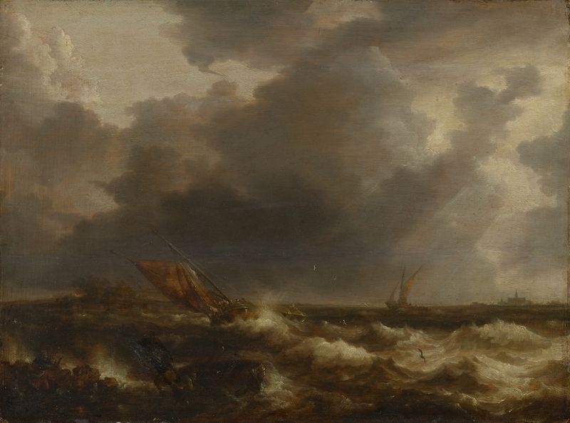Stormy Sea by Bonaventura Peeters the Elder, oil painting depicting tumultuous waves and dark clouds