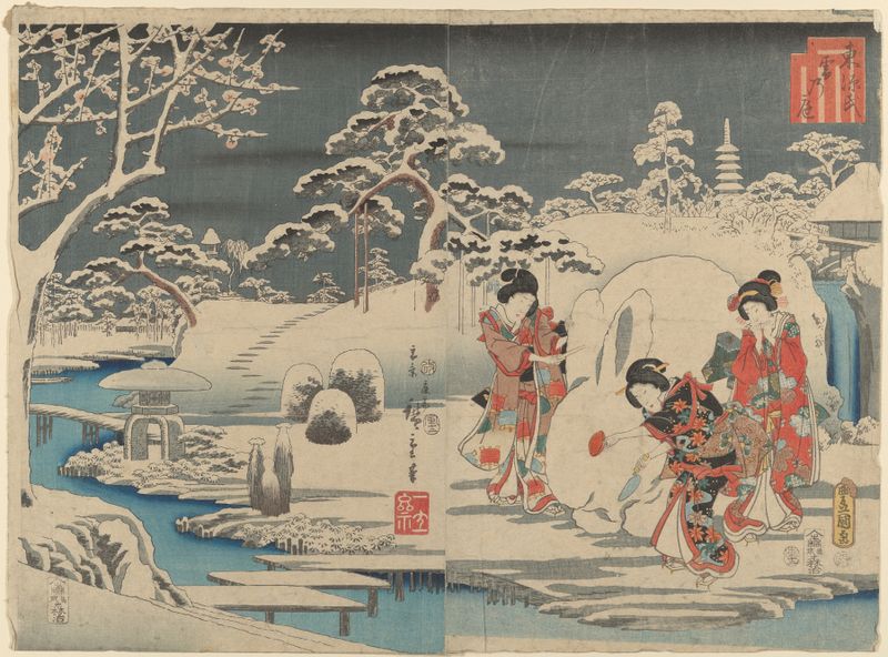Três mulheres em quimonos fazendo um coelho de neve em um jardim, gravura em madeira de Utagawa Hiroshige