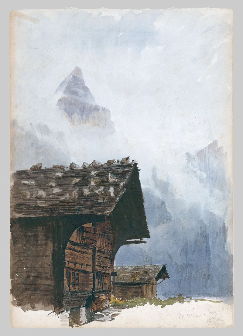 Chalets, Mürren de John Singer Sargent, pintura al óleo que muestra chalets rústicos en los Alpes