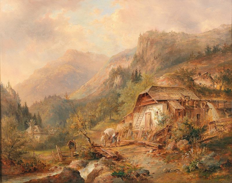 Paisagem com verdes vibrantes e azuis, pintura a óleo de Emil Barbarini