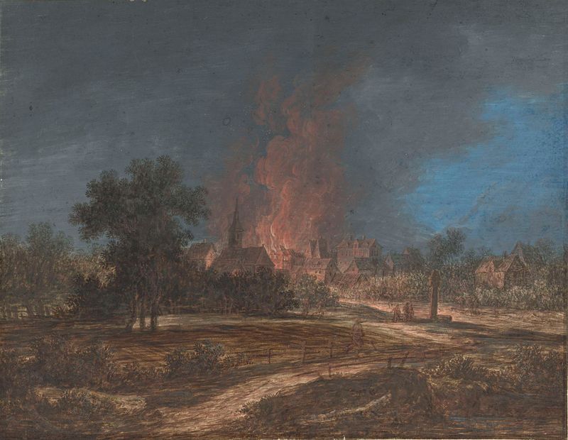 Watercolour by Barbara Regina Dietzsch depicting the aftermath of a village fire