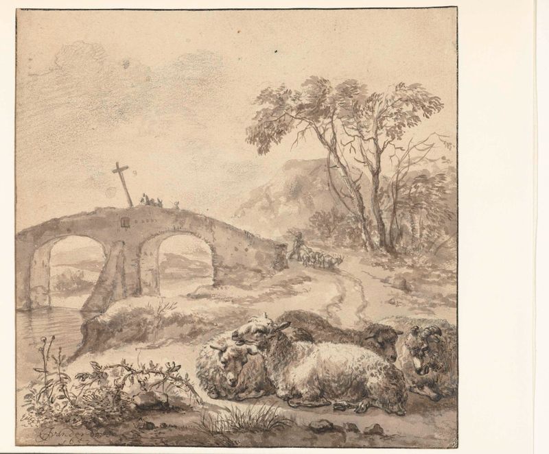 Paisaje con ovejas reclinadas y un puente de piedra, óleo sobre lienzo de Jacob van der Does