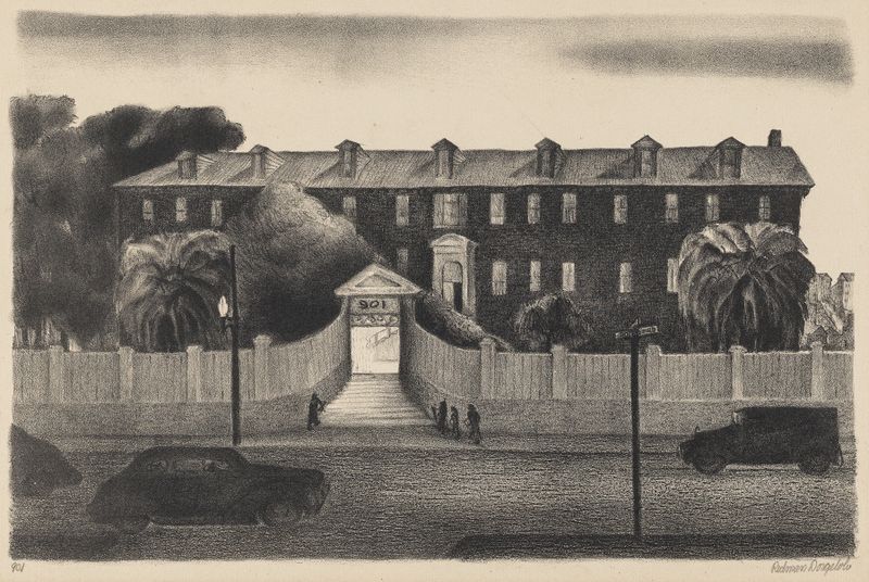 Modernism architecture by Marguerite Redman Dorgeloh, depicting an urban street view