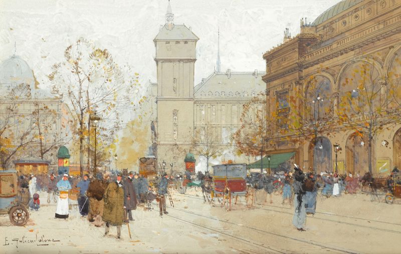 La Place Du Chatelet by Eugène Galien-Laloue, oil on canvas depicting a bustling city scene.
