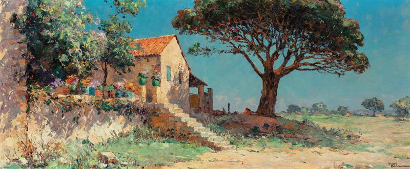 Landscape at St Tropez de André Béronneau, pintura al óleo que muestra un cielo crepuscular.