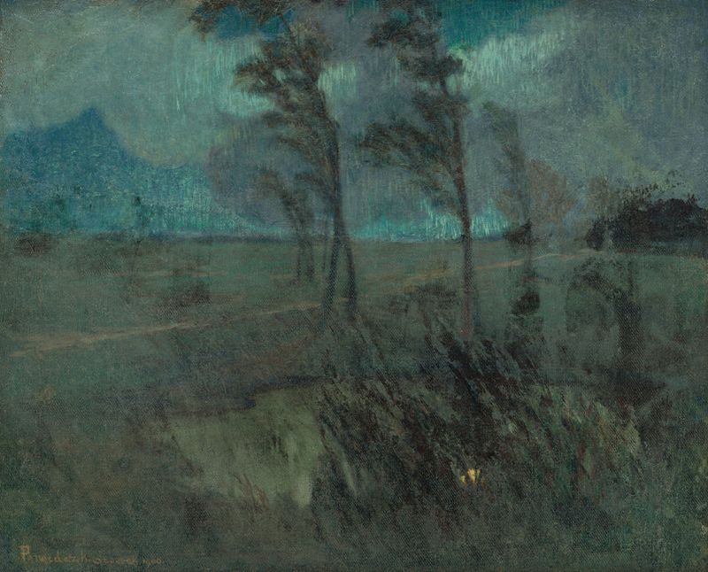 Landscape in a Windstorm, oil on canvas by Karol Pongrácz, depicting a stormy sky over vibrant land.