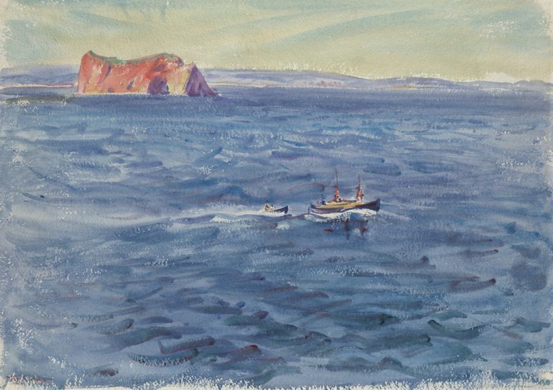 Seascape with Boat and Cliff, oil on canvas by Dodge MacKnight