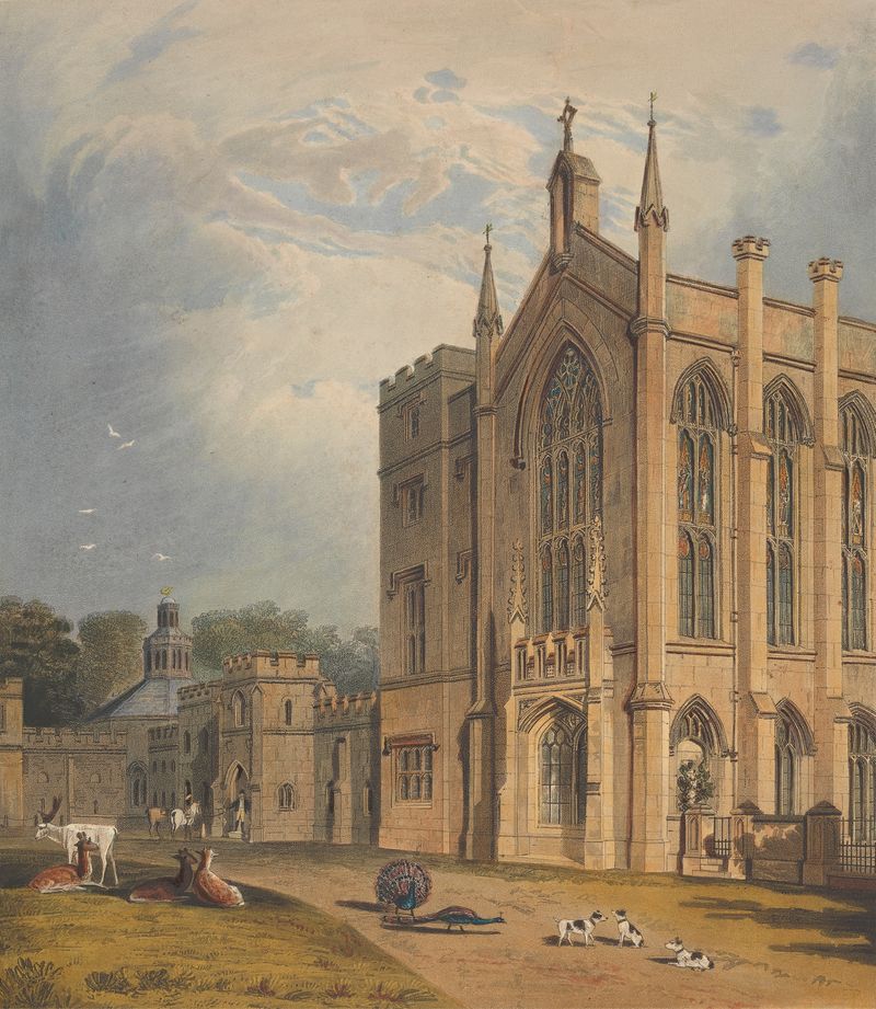 West Front, Cassiobury by John Hill, oil on canvas depicting architecture at twilight