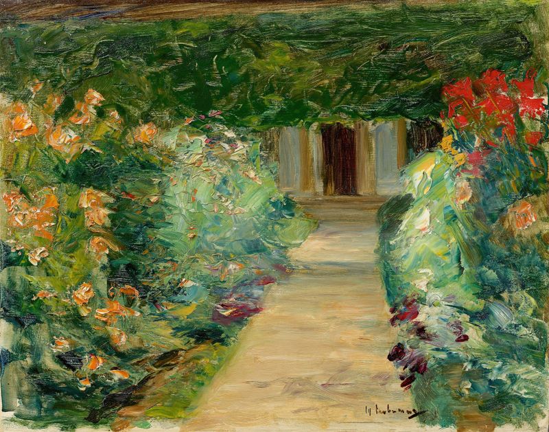 Jardim botânico com luz solar, pintura a óleo de Max Liebermann