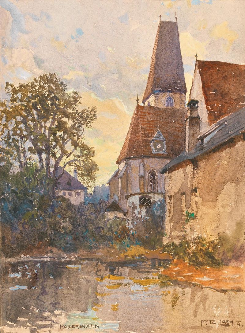 Landscape featuring a church spire by Fritz Lach, 1914, medium unknown