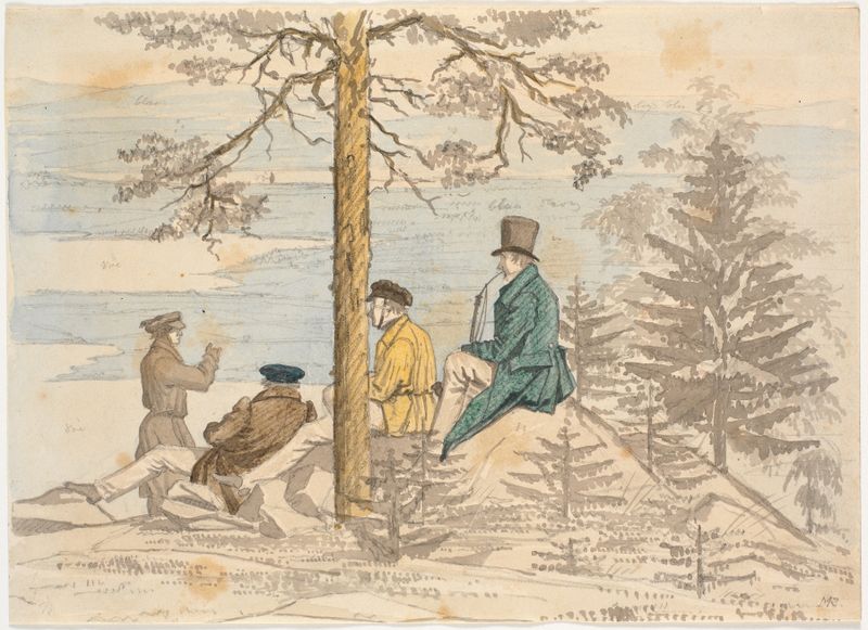 Four men gazing at a landscape in an oil painting by Martinus Rørbye