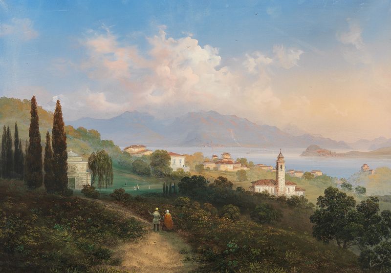 Lake Como landscape with mountains and sunlight by Carlo Bossoli, oil painting
