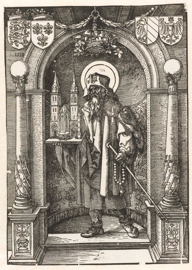 Heilige Sebaldus de Albrecht Dürer, medio papel, representando a un santo en ropas intrincadas