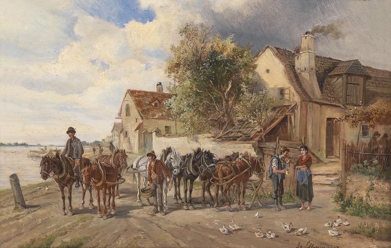 Landscape with horses grazing by the river, oil painting by Ignaz Ellminger