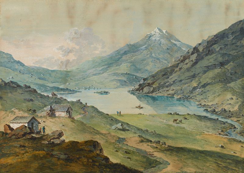 Berglandschaft mit See by Franz Niklaus König, oil on canvas depicting a tranquil lake and mountains.