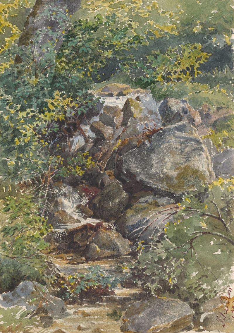Forest Brook by Friedrich Carl von Scheidlin, oil on canvas depicting a tranquil forest scene with water and light.