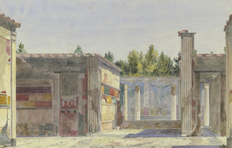 Pintura al óleo de Carl Friedrich Heinrich Werner que muestra las ruinas de la Casa di Sallustio en Pompeya.