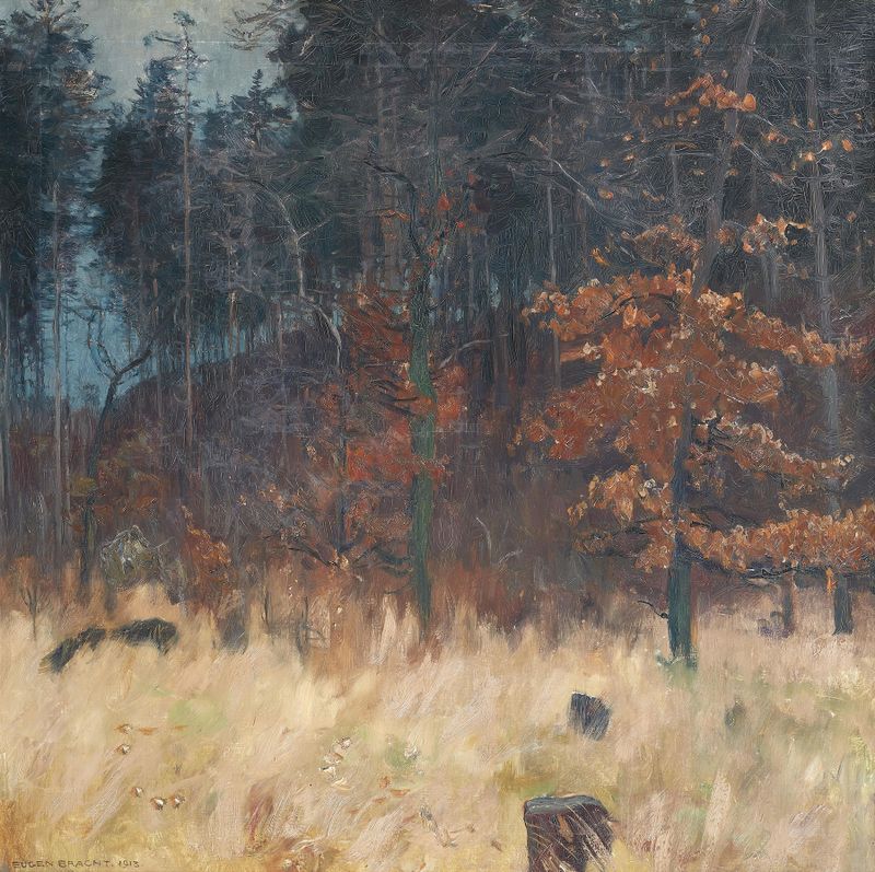 Escena de bosque en otoño con hojas ámbar, óleo sobre lienzo de Eugen Bracht