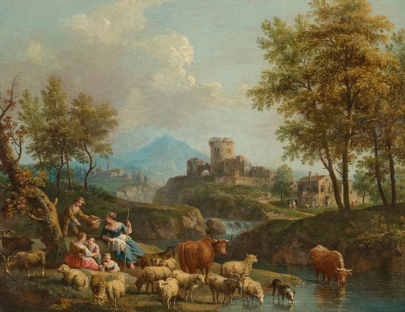 An Italianate river landscape with cattle and a village, oil on canvas by Giovanni Battista Cimaroli.